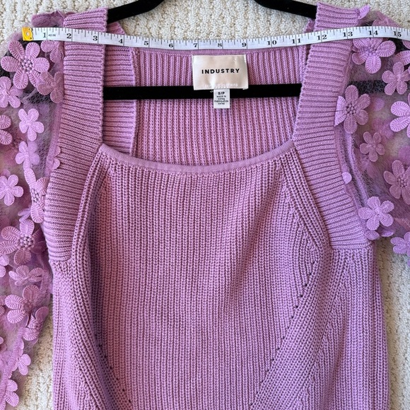 INDUSTRY Lilac Pink Cotton Knit Sweater Top w Sheer Floral Applique Sleeve S - Picture 8 of 12
